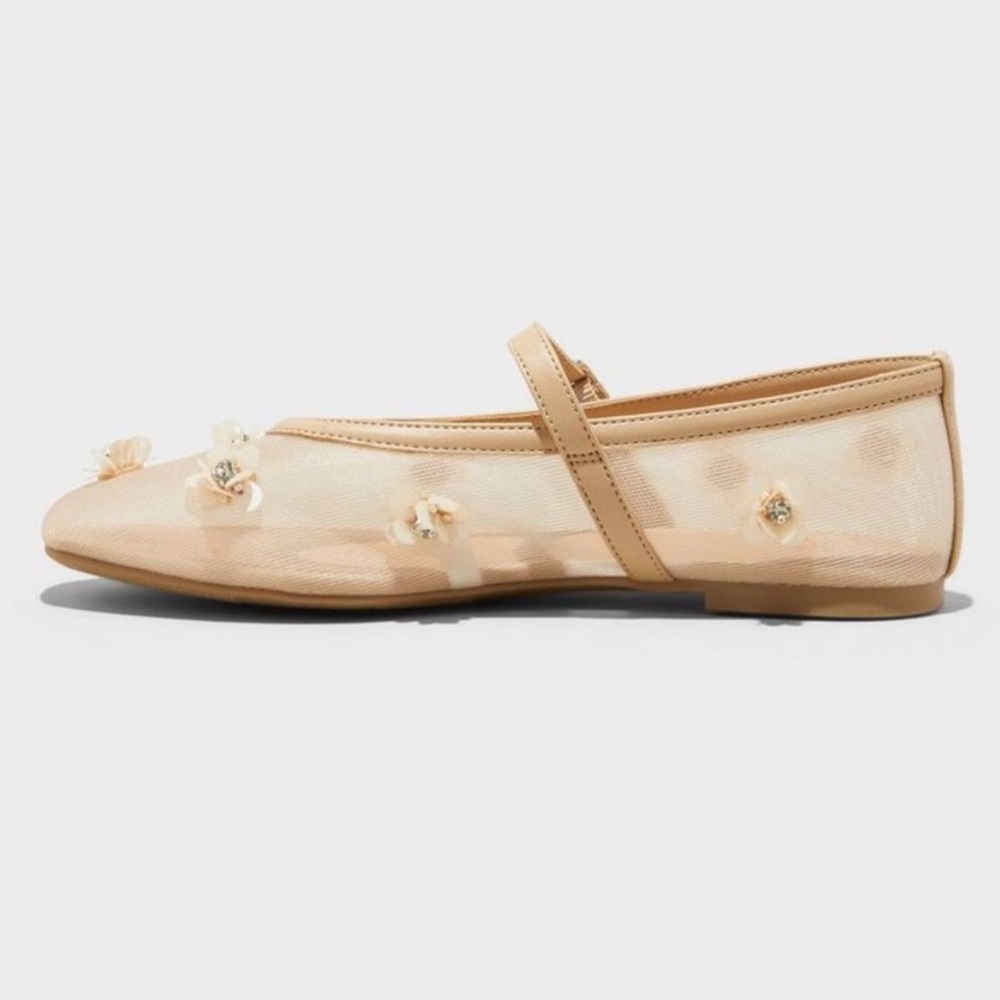 Mesh 3D flower appliqué embellished beaded ballet flats cream nude color - Picture 6 of 6